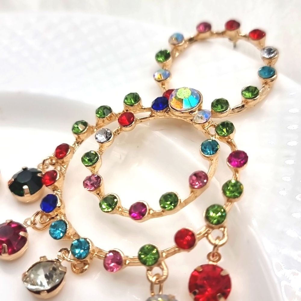 Rainbow Rhinestone Circle Dangle Earrings - image 4